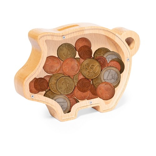 Houten spaarpot met venster Piggy standaard