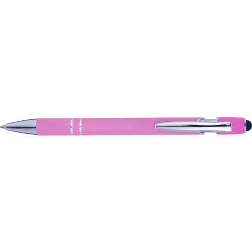 Balpen met rubberen toplaag en stylus roze