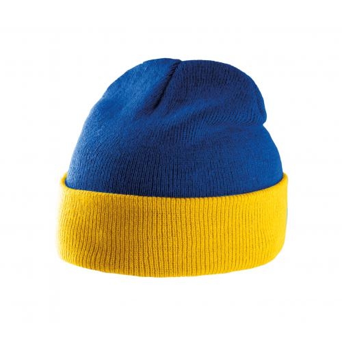 Tweekleurige muts met omslag royal blue/yellow