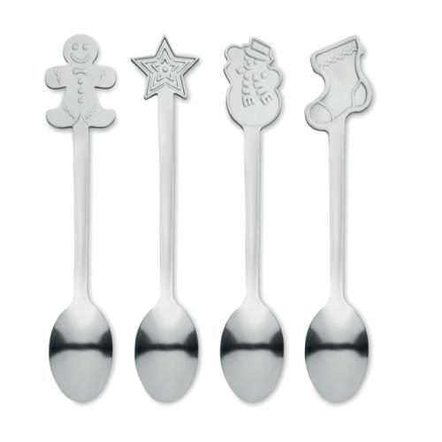 Set 4 kerst theelepeltjes mat zilver